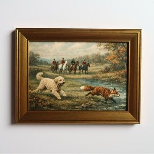Vintage inspired Hunting Scene Framed Art print in Gold Frame 5x7 Goldendoodle 2
